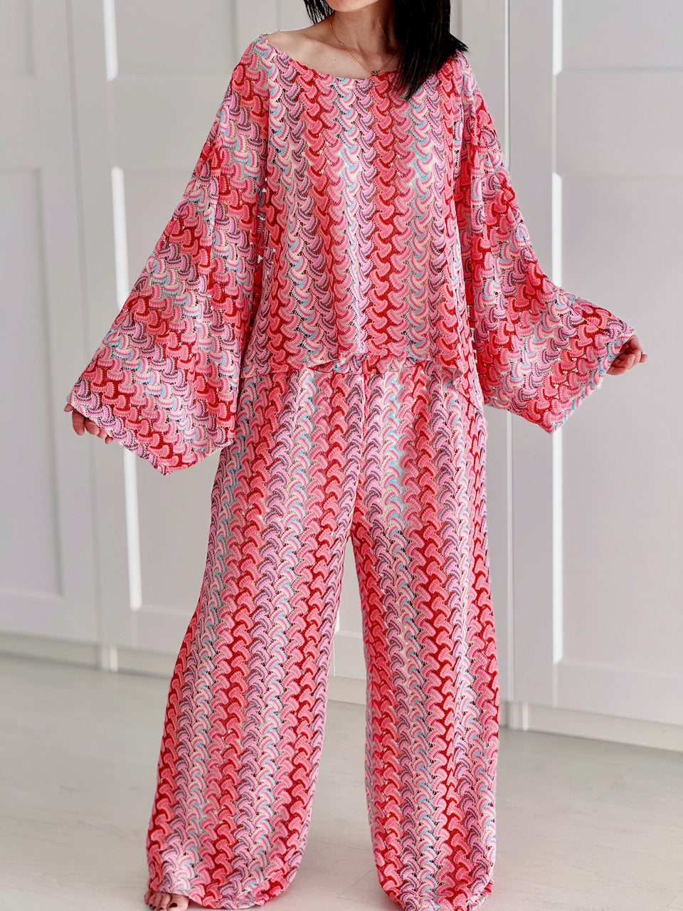 Boho-Häkelbluse mit Trompetenärmeln, 4 Farben