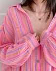 Musselin Bluse, Oversize, Pink-Streifen