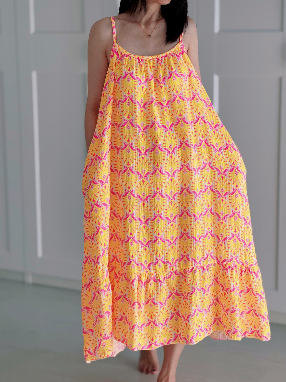 Musselin Sommerkleid, Palmblätter, Neon-Gelb
