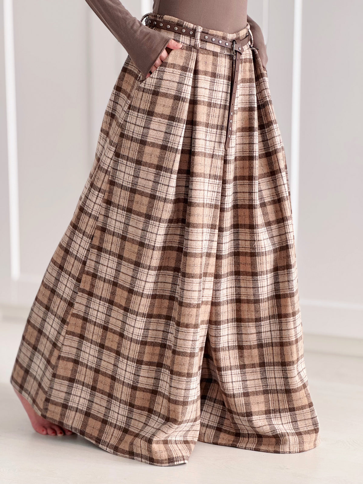 Karierte Wide-Leg-Hose, Beige