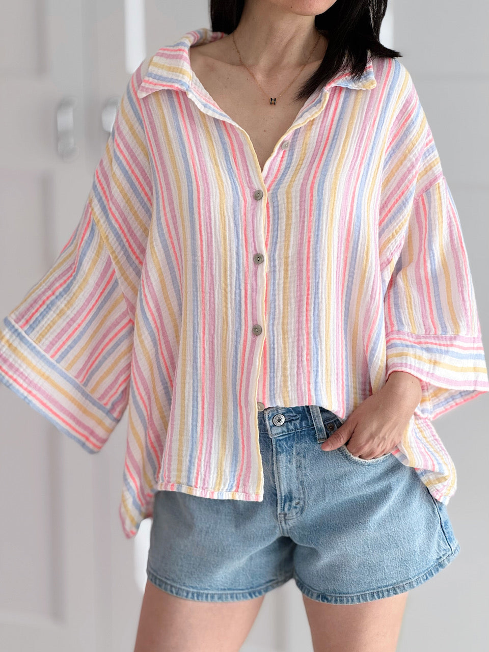 Musselin Bluse, 3/4-Ärmel, bunte Streifen, 2 Farben