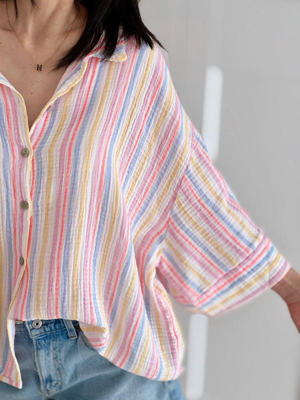 Musselin Bluse, 3/4-Ärmel, bunte Streifen, 2 Farben