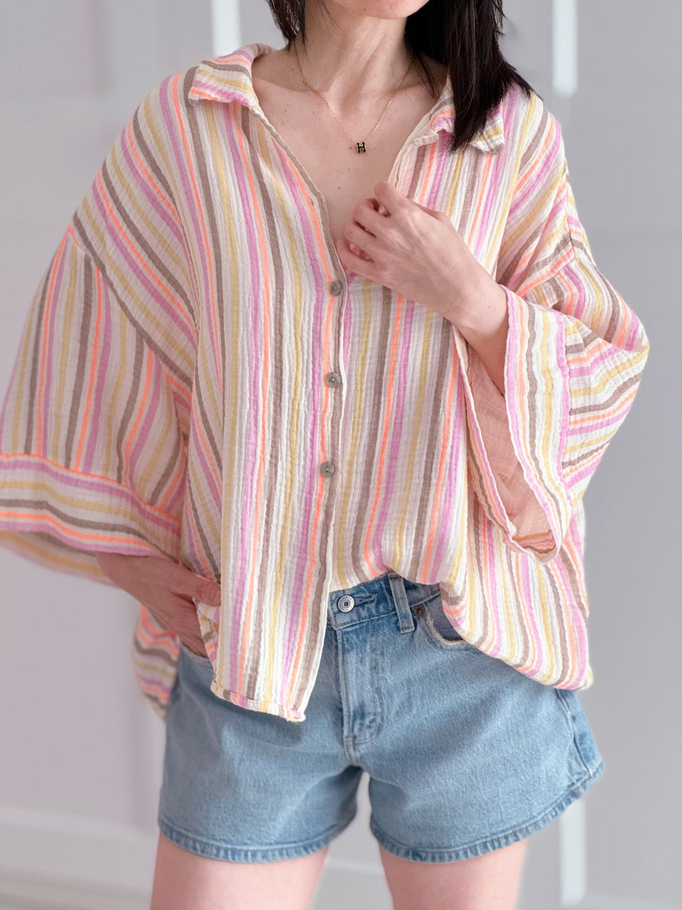 Musselin Bluse, 3/4-Ärmel, bunte Streifen, 2 Farben