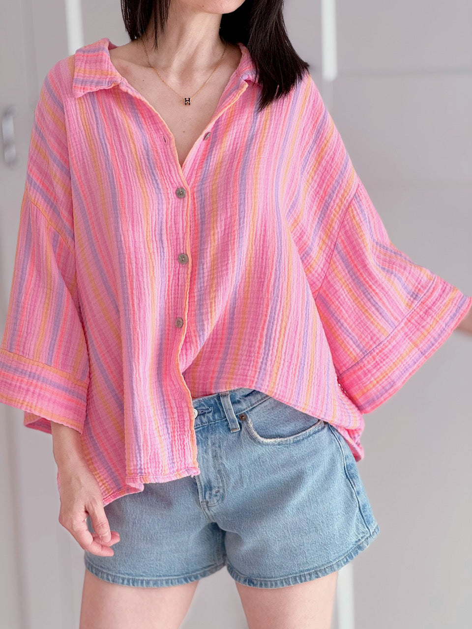 Musselin Bluse, 3/4-Ärmel, bunte Streifen, Pink