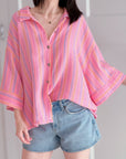 Musselin Bluse, 3/4-Ärmel, bunte Streifen, Pink