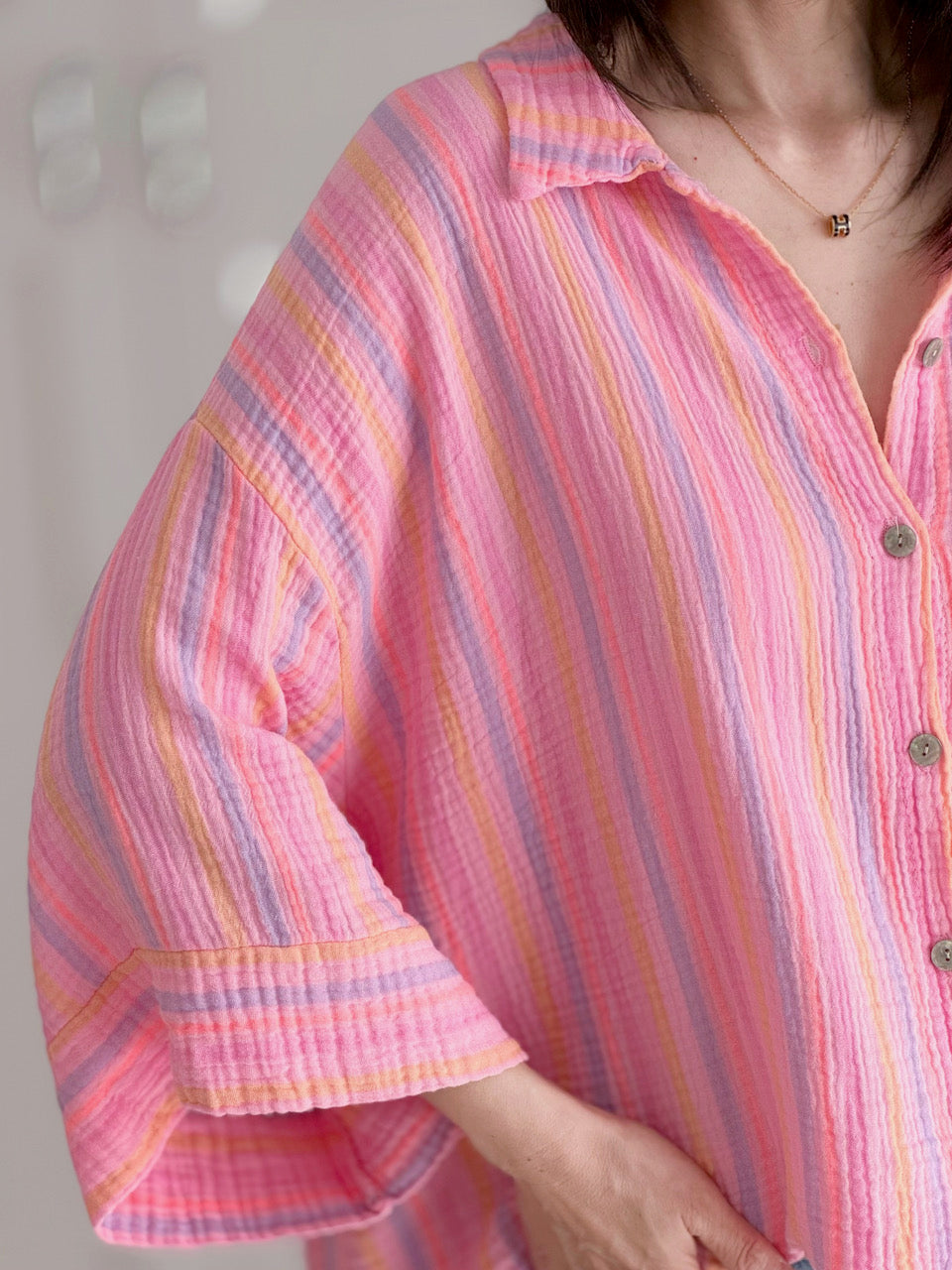 Musselin Bluse, 3/4-Ärmel, bunte Streifen, Pink