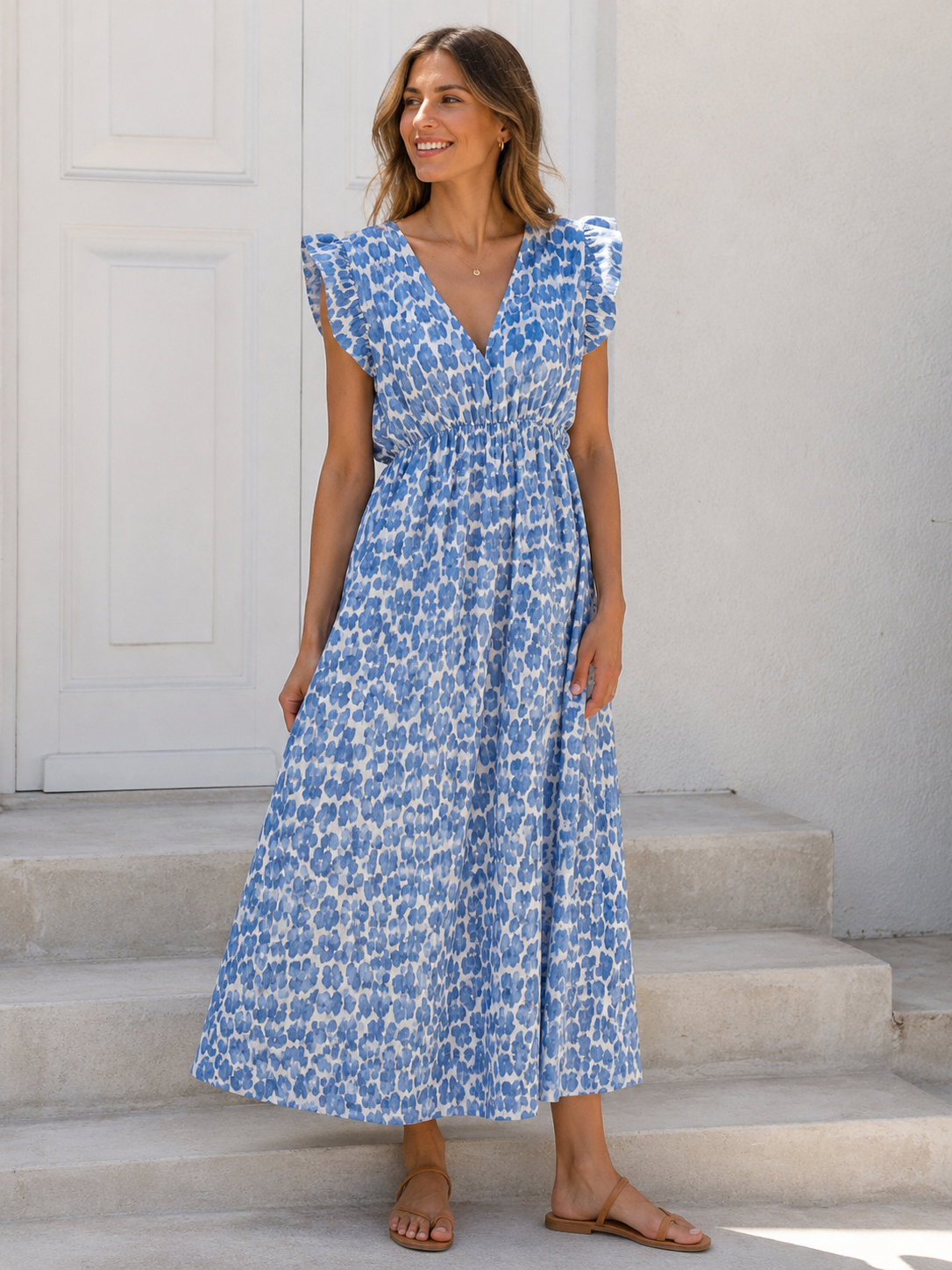 Musselin Kleid, rückenfrei, ärmellos, Wild-Leo, Blau