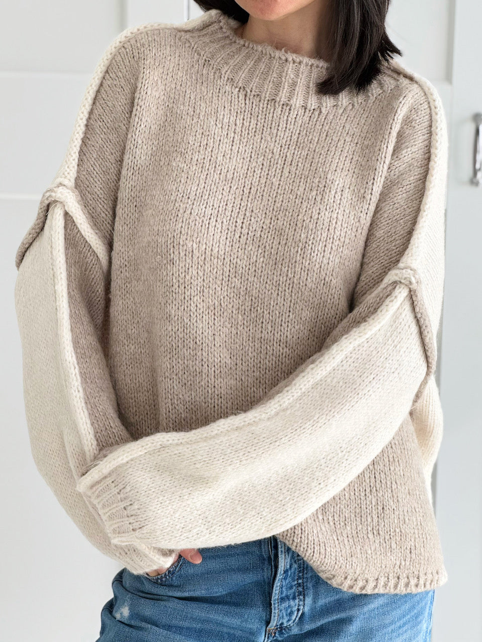 Pullover, Kontrastfarbe, Beige