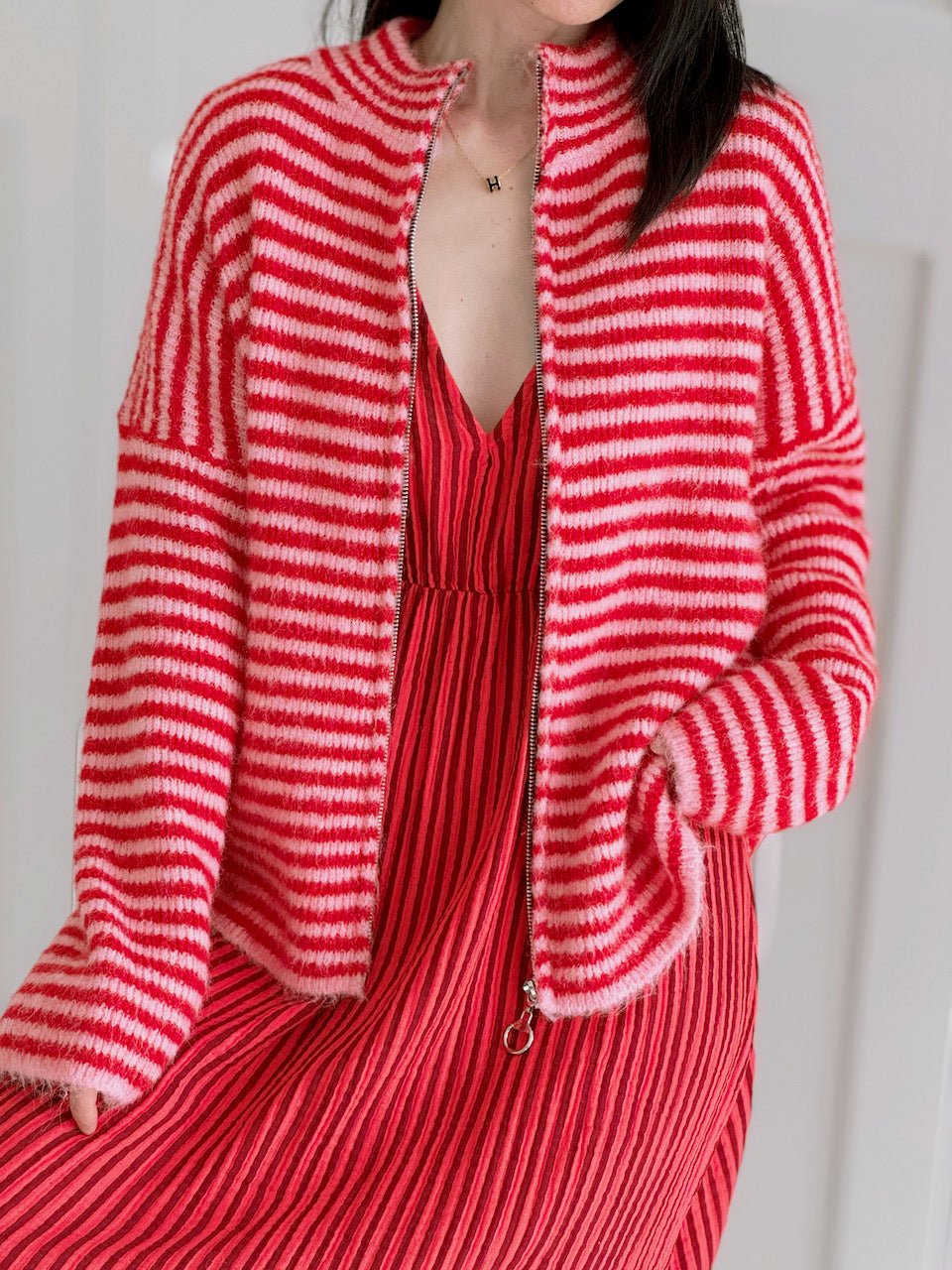 Strickjacke, Streifen, Rot