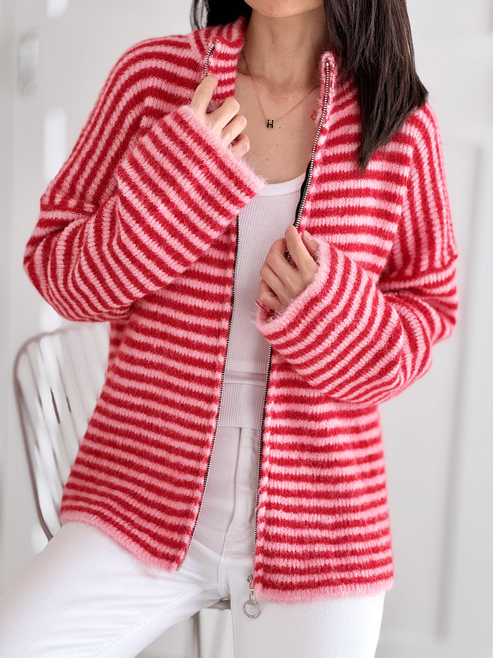 Strickjacke, Streifen, Rot