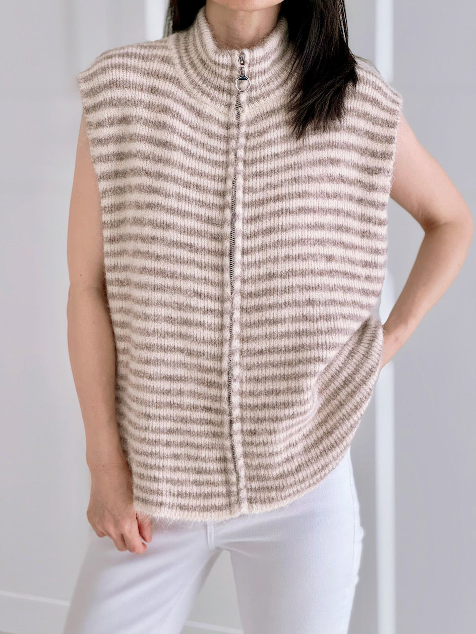 Strickweste, Streifen, Beige