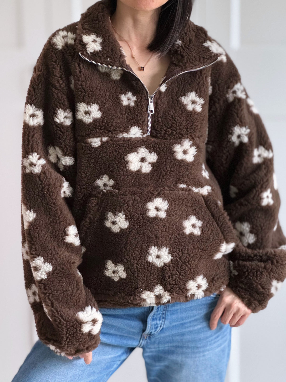Fleece-Pullover, Blumen, Schoko-Weiß