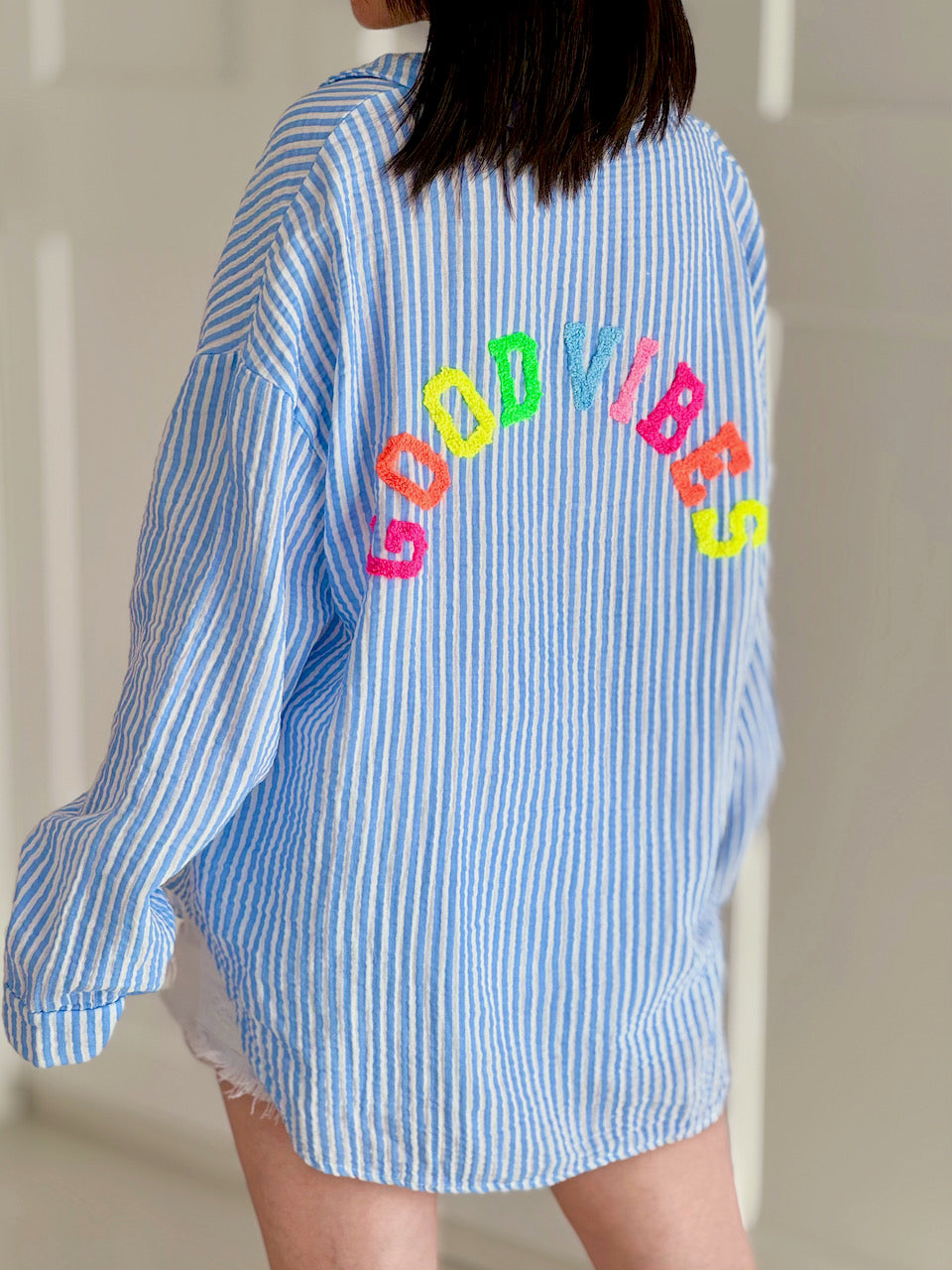 Musselin Bluse, Good Vibes, Streifen, 2 Farben