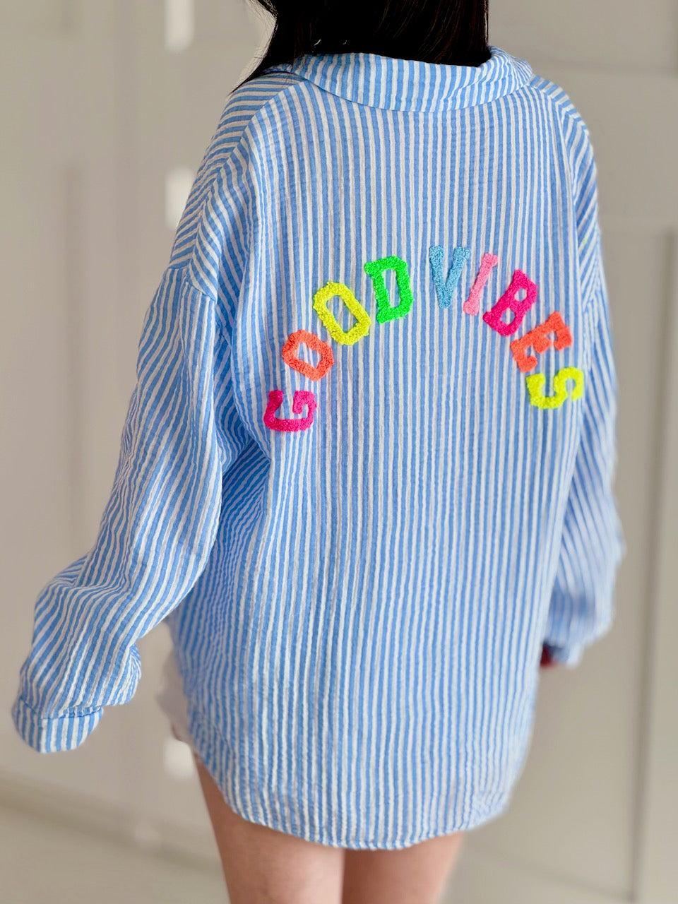 Musselin Bluse, Good Vibes, Streifen, 2 Farben