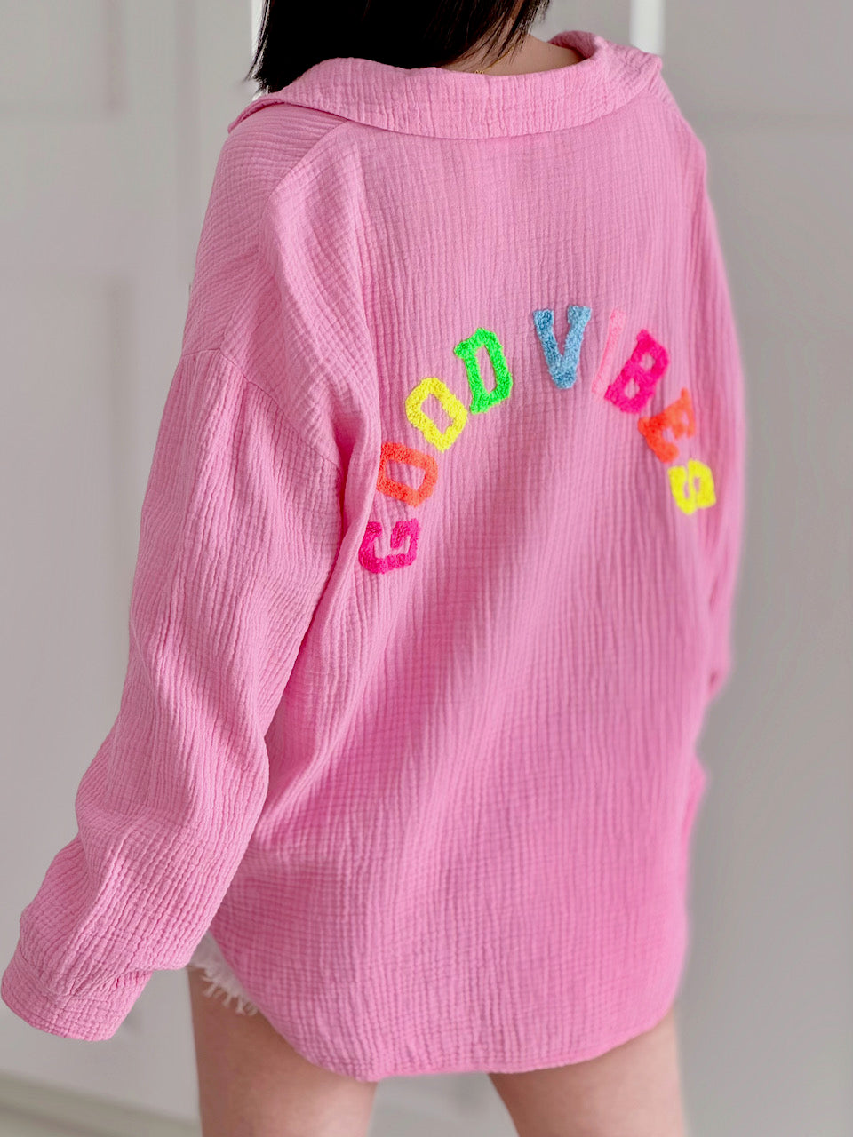 Musselin Bluse, Good Vibes, 2 Farben