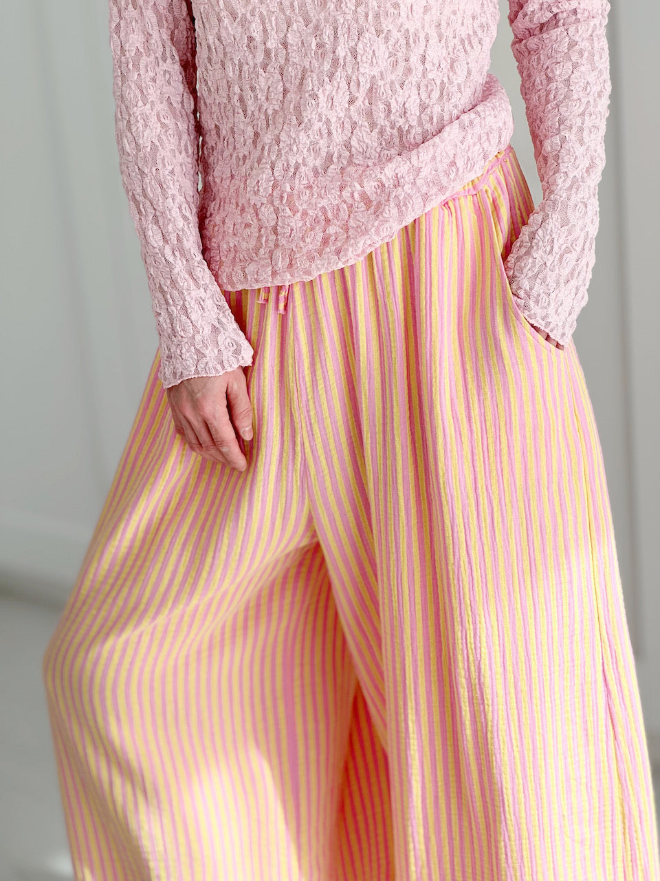 Musselin Hose, Streifen, Gelb-Rosa