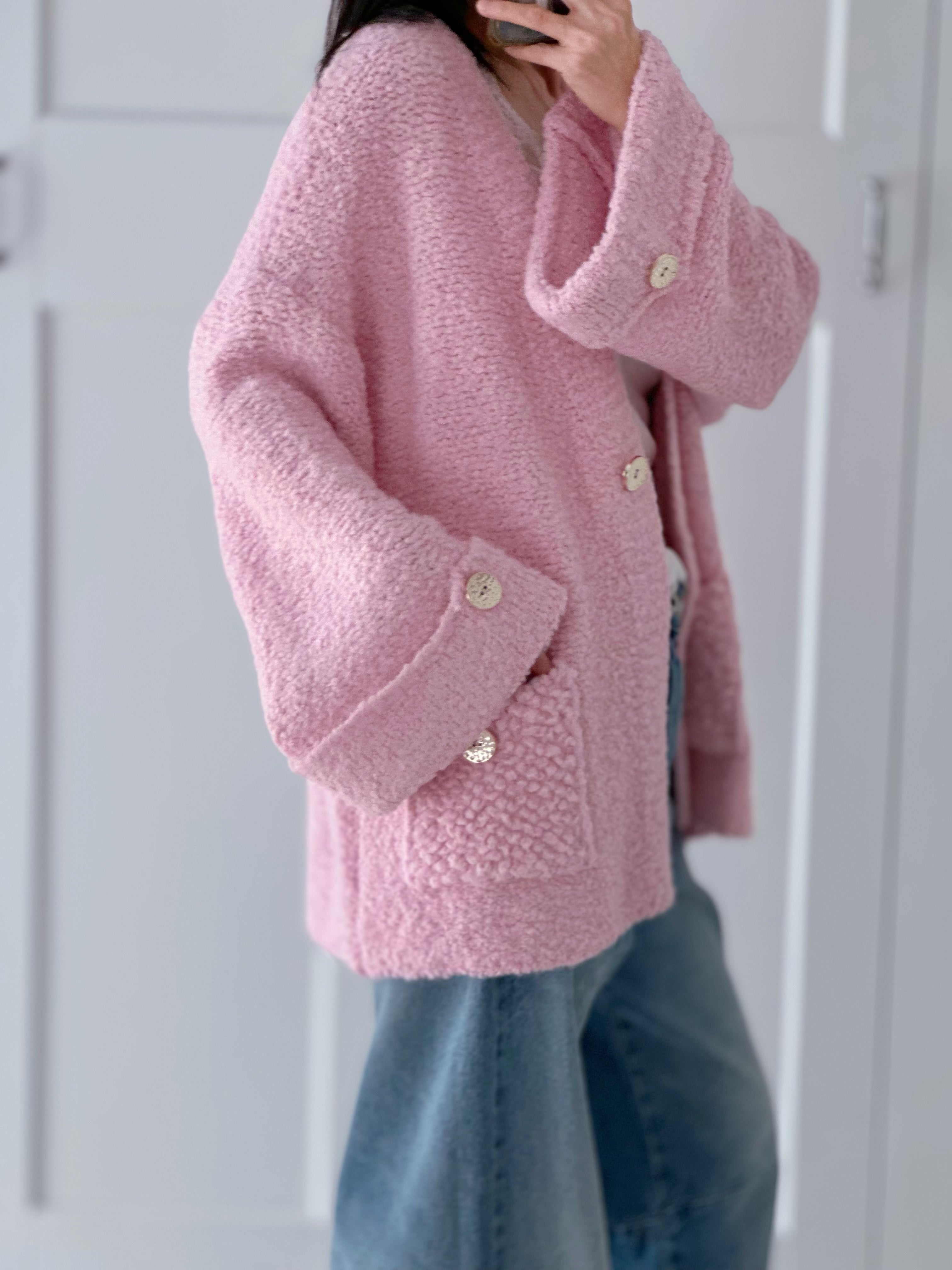 Bouclé Strickjacke, weite Ärmel, 2 Farben