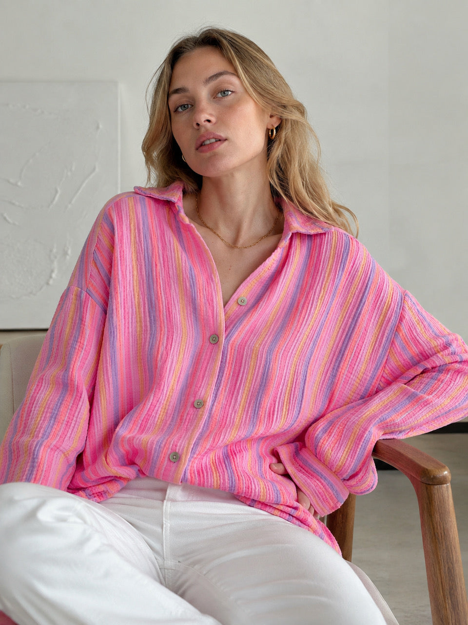 Musselin Bluse, Pink-Streifen, 2 Farben