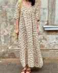 Musselin Kleid, Kurzarm, Beige-Leo