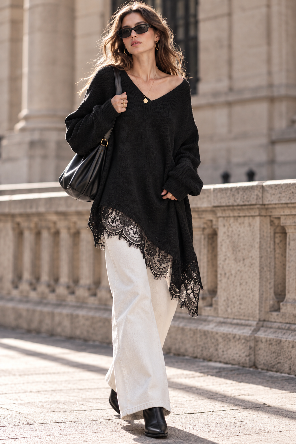 Oversize-Pullover mit Spitzensaum, 5 Farben