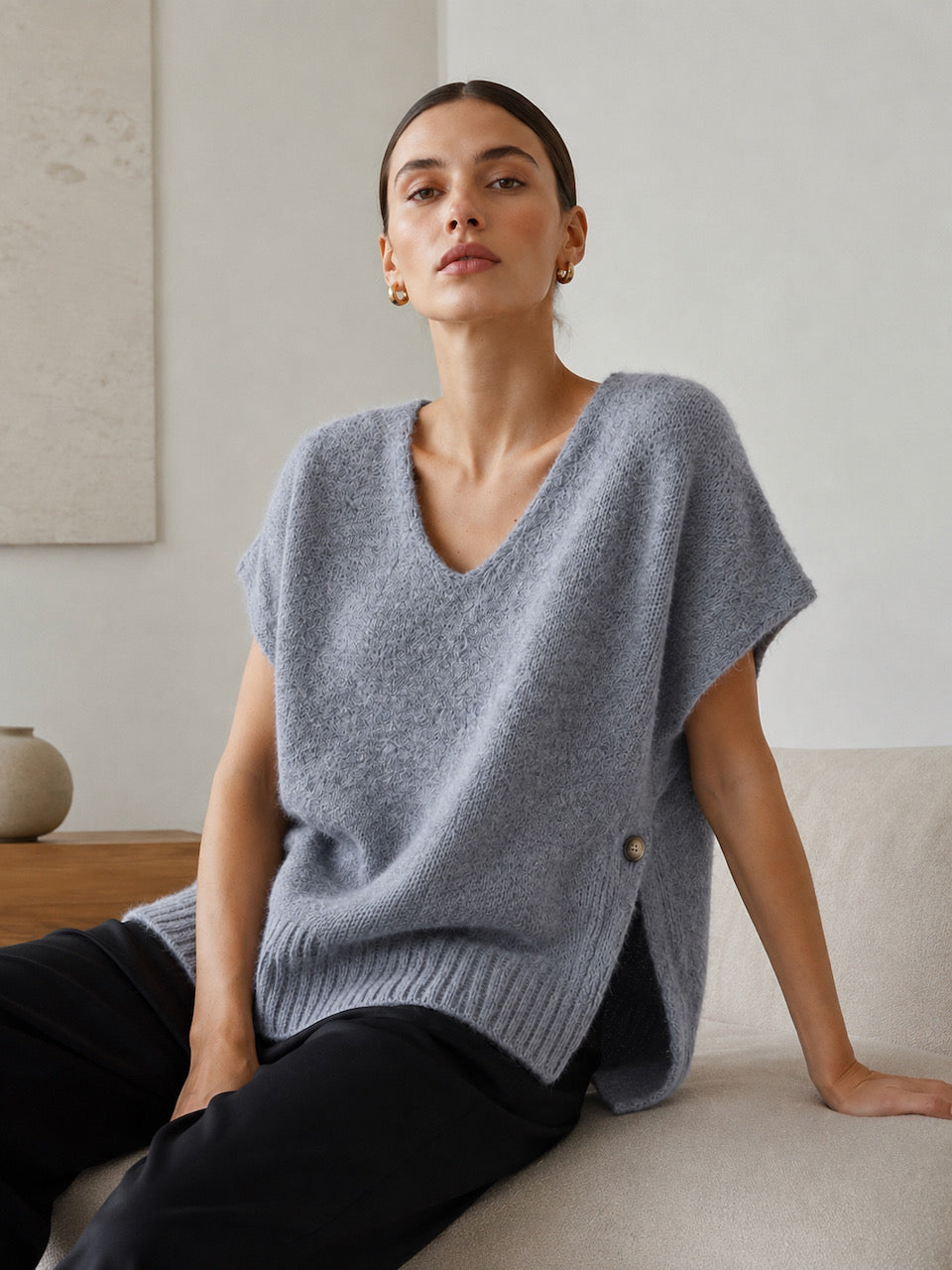 Oversize Pullunder, Mohair, Knopfdetail, Grau