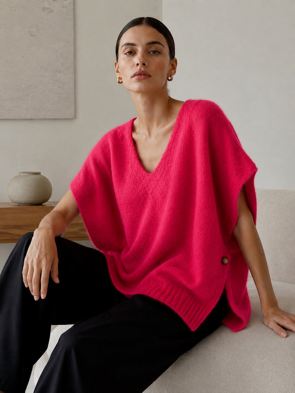 Oversize Pullunder, Mohair, Knopfdetail, Koralle