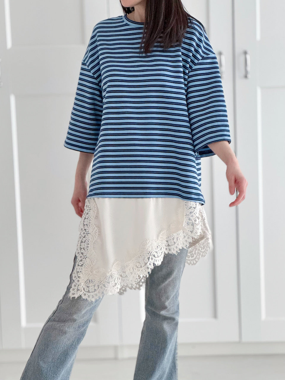 T-Shirt mit Spitzenbesatz, Streifen, 3 Farben