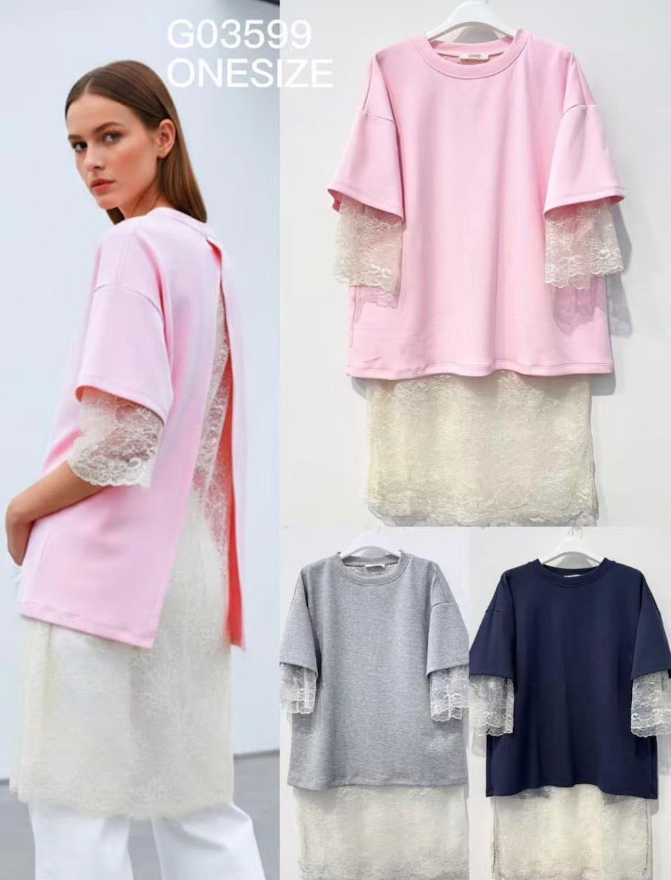 Kurzarmshirt mit Rückenschlitz, Spitze, 3 Farben