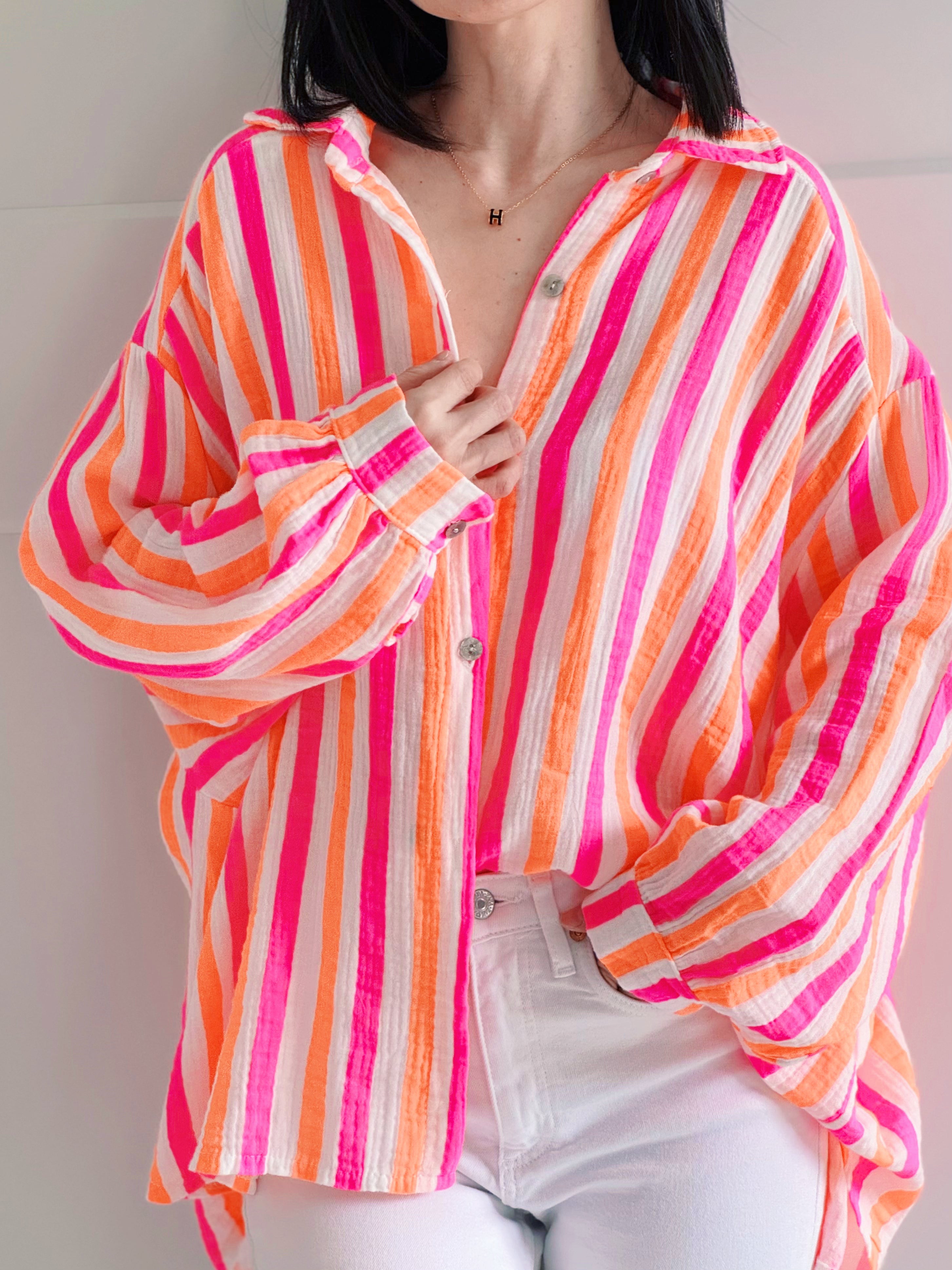 Musselin Bluse, breite Streifen, Neon-Weiß