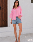 Musselin Bluse, 3/4-Ärmel, bunte Streifen, Pink