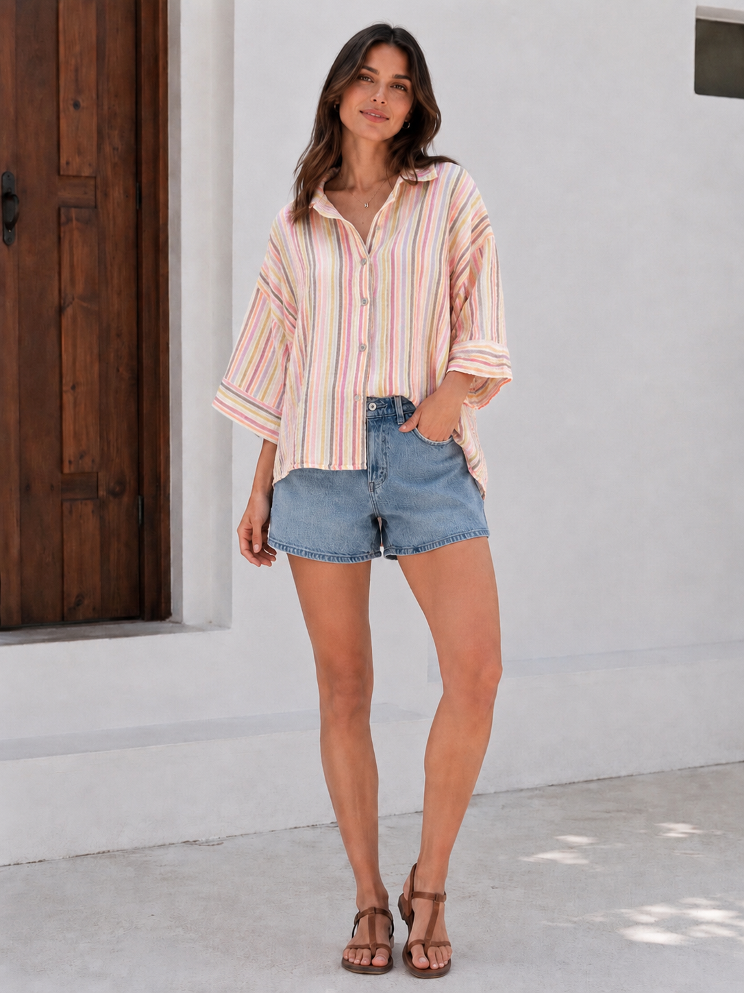 Musselin Bluse, 3/4-Ärmel, bunte Streifen, 2 Farben