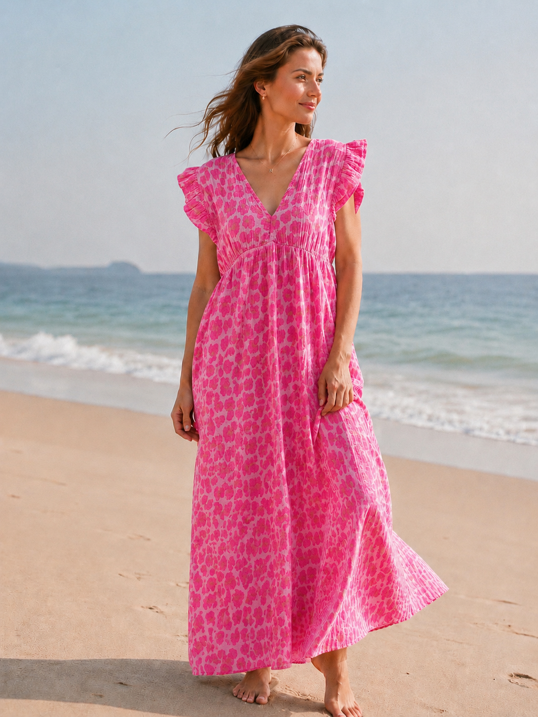 Musselin Kleid, Rückenausschnitt, ärmellos, Wild Leo, Neon-Pink