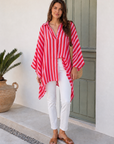 Musselin Bluse, Batwing, Oversize, breite Streifen, Rot