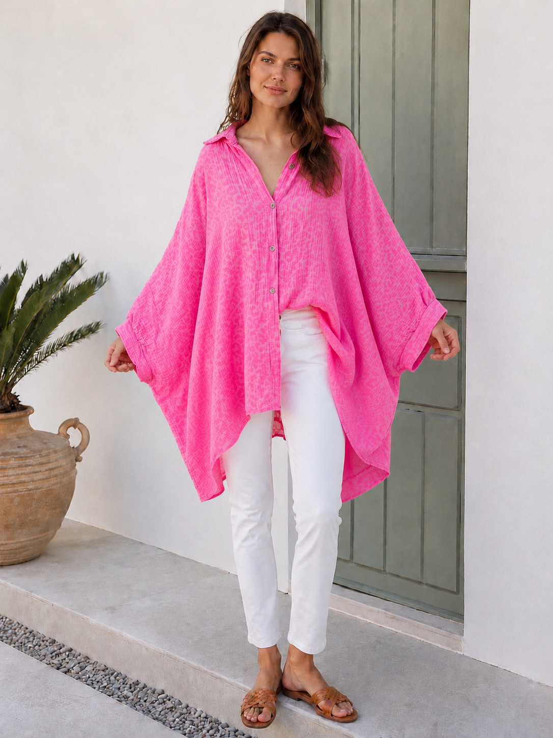 Musselin Bluse, Batwing, Oversize, Neon-Leo, Pink