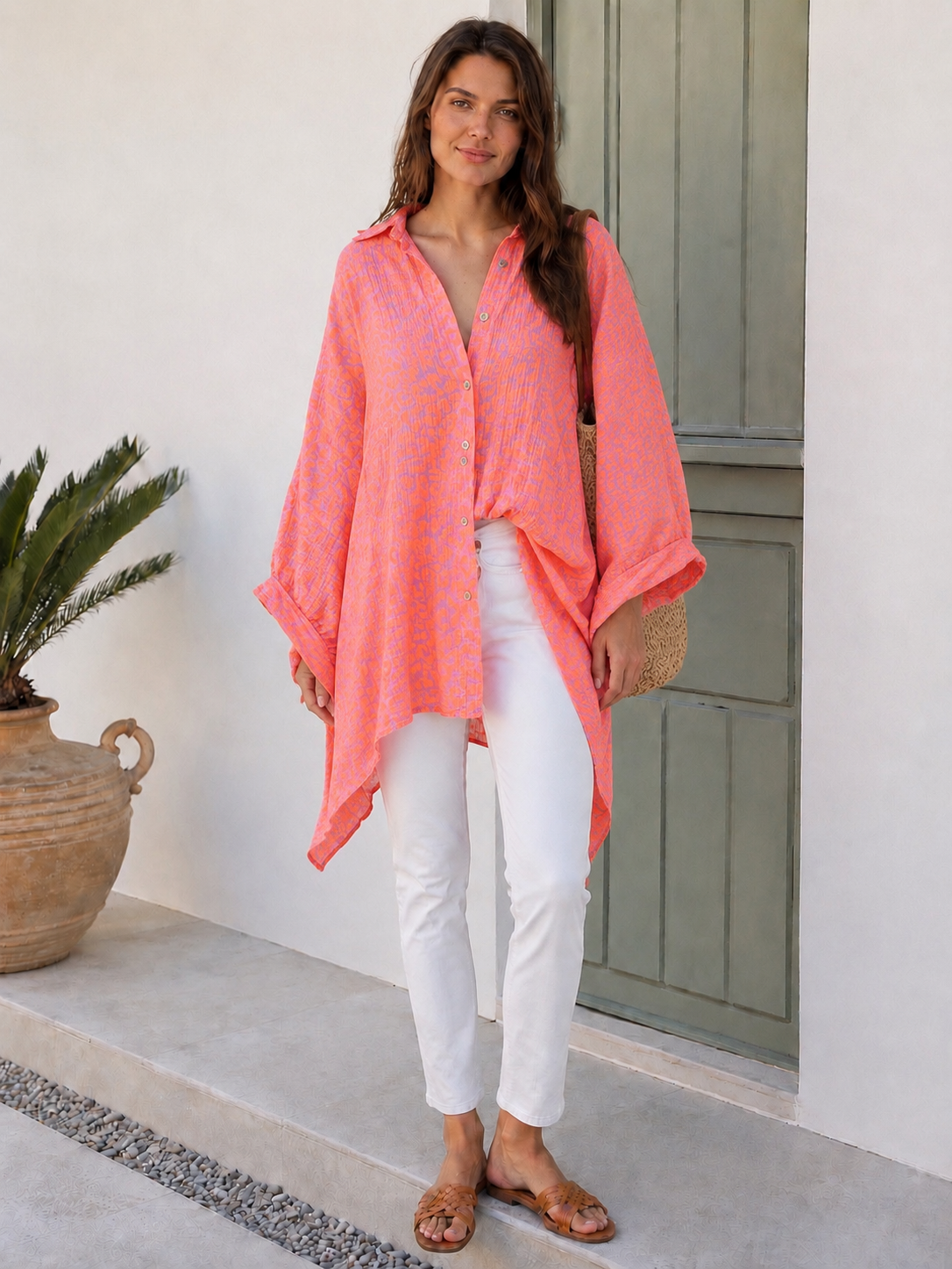 Musselin Bluse, Batwing, Oversize, Neon-Leo, Orange