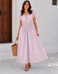 Musselin Kleid, rückenfrei, ärmellos, breite Streifen, Violett