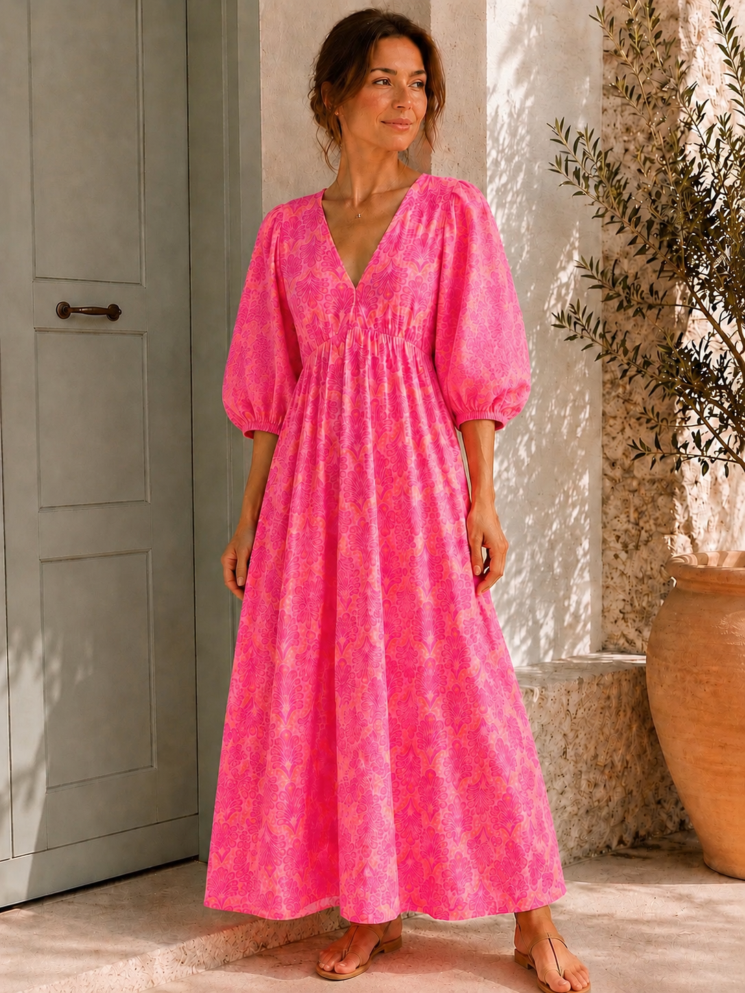 Musselin Kleid, rückenfrei, Palmenblätter, Neon-Pink