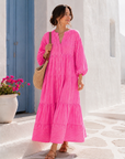 Musselin Kleid, Neon-Streifen, Classic, Neon-Pink