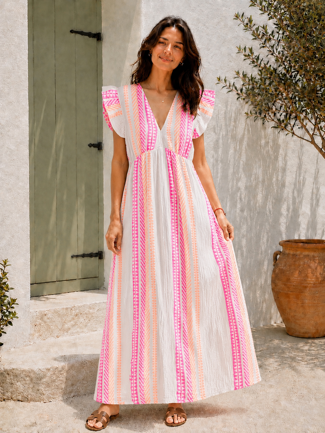 Musselin Kleid, rückenfrei, ärmellos, Zickzack, Pink-Orange