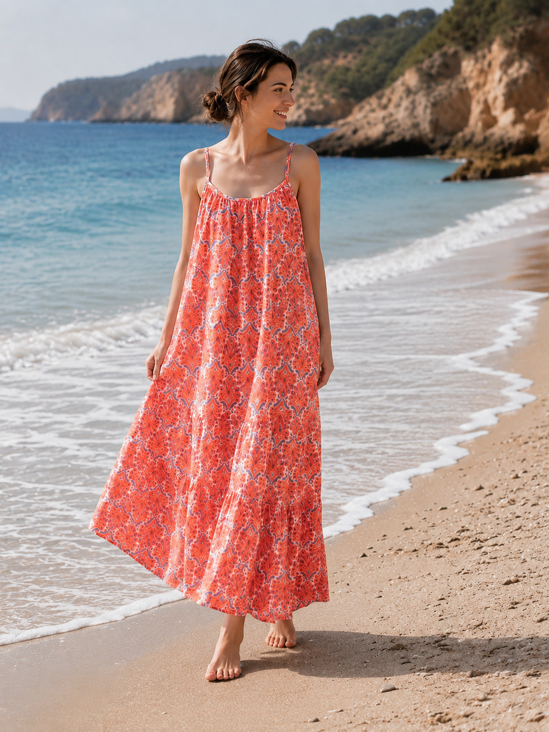 Musselin Sommerkleid, Palmblätter, Neon-Orange