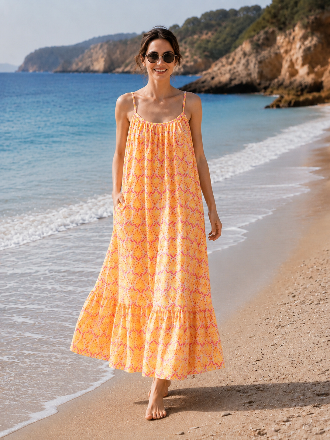 Musselin Sommerkleid, Palmblätter, Neon-Gelb