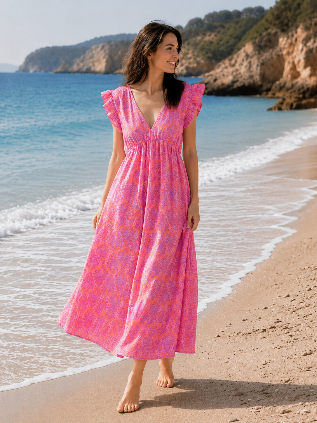 Musselin Kleid, rückenfrei, ärmellos, Palmenblätter, Lila-Rosa
