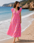 Musselin Kleid, rückenfrei, ärmellos, Palmenblätter, Lila-Rosa