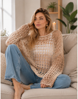 Pullover, Lochstrick, Pastell, Camel