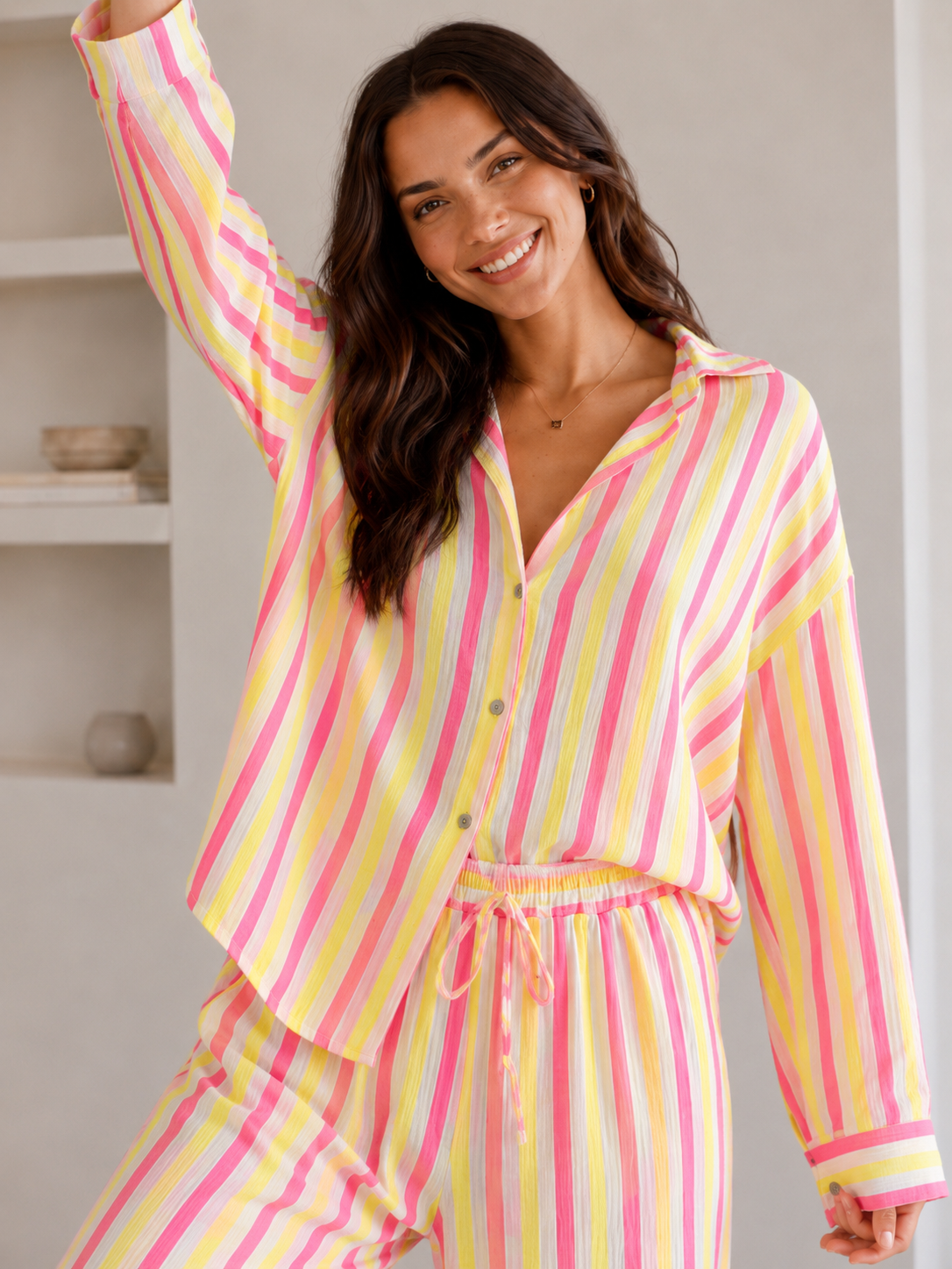 Musselin Bluse, bunte Streifen, Pink-Gelb