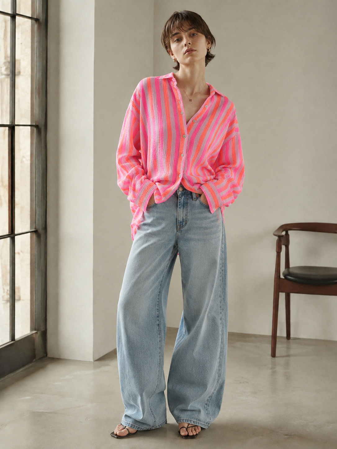 Musselin Bluse, breite Streifen, Neon