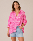 Musselin Bluse, Neon-Leo, Pink-Weiß