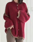 Strickjacke, mit Rand, 3 Farben, Weinrot