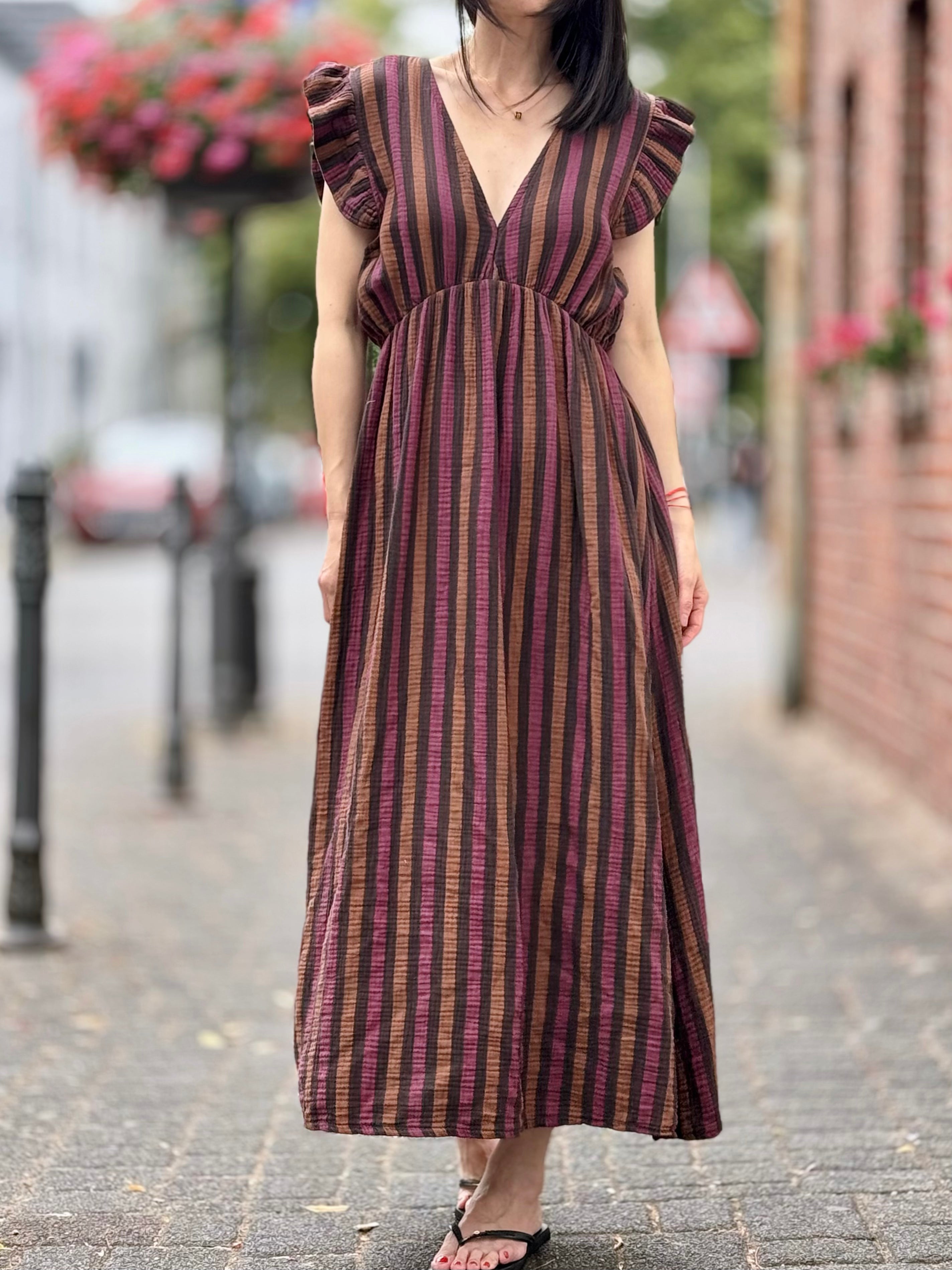 Musselin Kleid, Rückenausschnitt, ärmellos, breite Streifen, 4 Farben