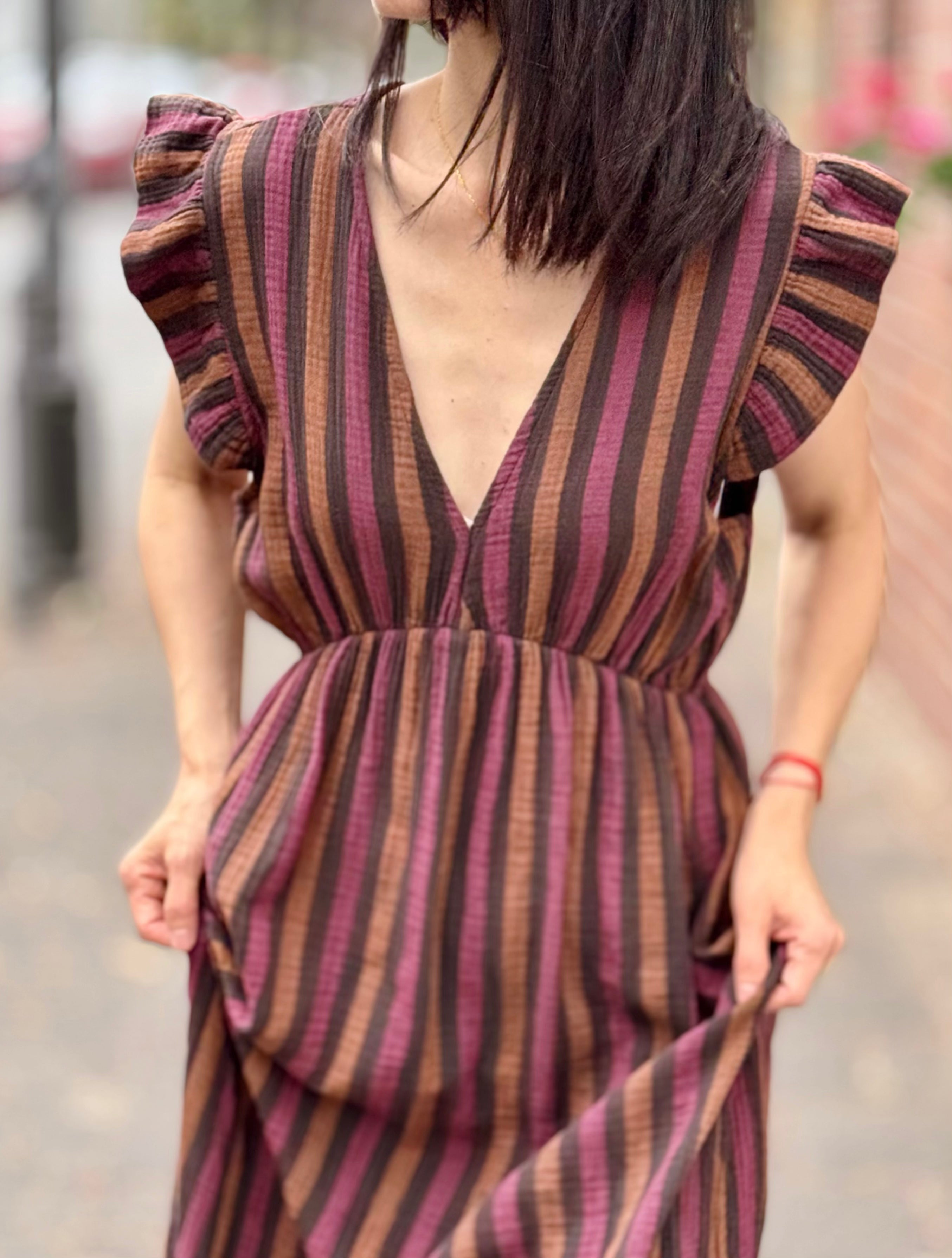 Musselin Kleid, Rückenausschnitt, ärmellos, breite Streifen, 4 Farben